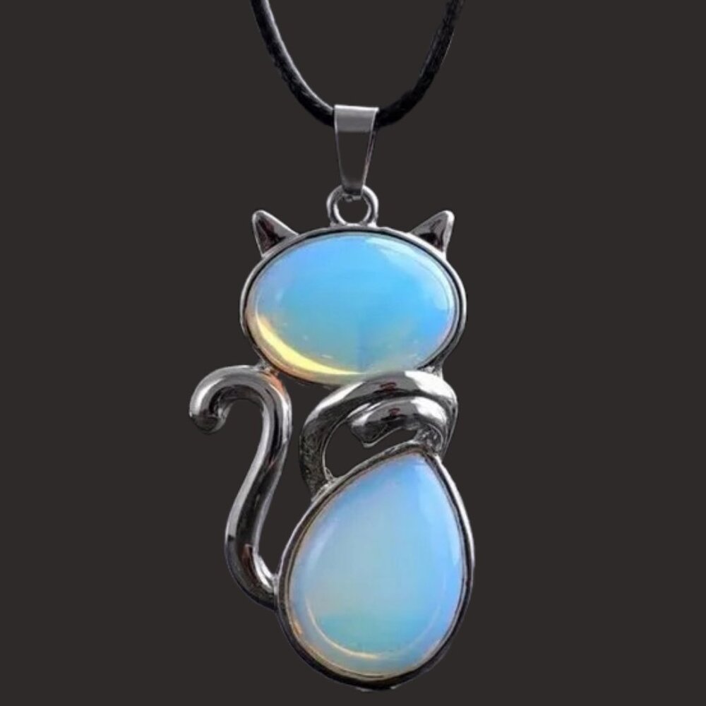 Cute Cat Opal Glass Stone Pendant Necklace